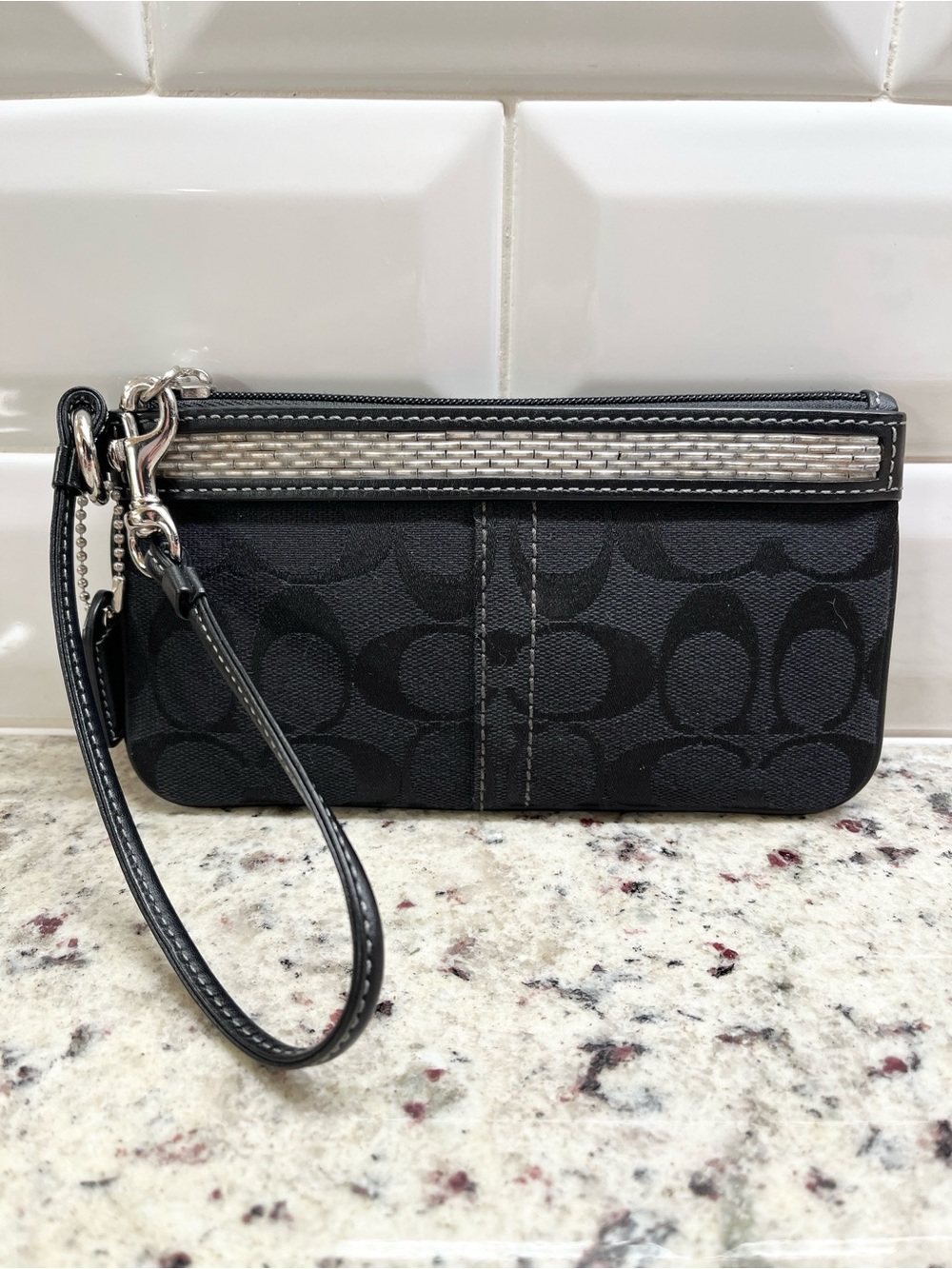 Coach Signature Canvas Black Embellished Wristlet Clutch NWOT